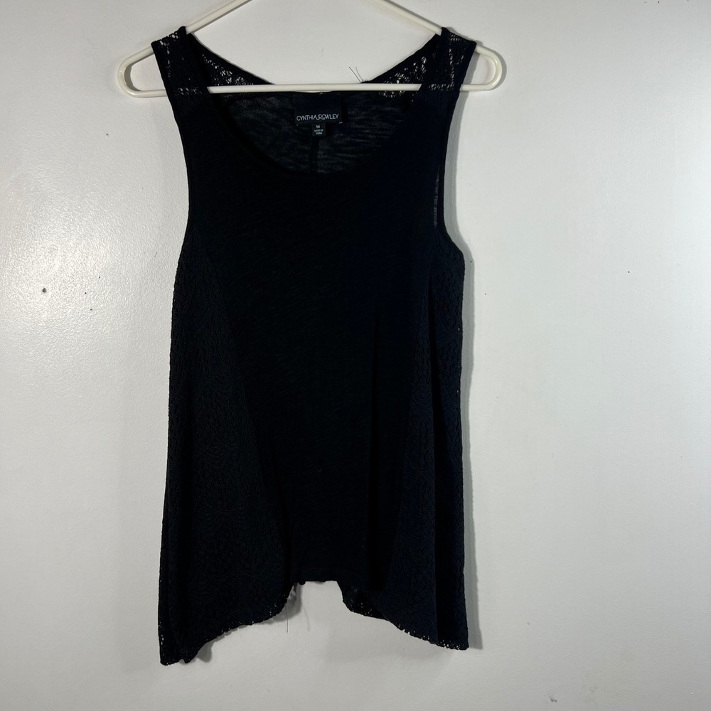 Cynthia Rowley Linen Blend‎ Crochet Sleeveless Asymmetrical Tank Top Black M